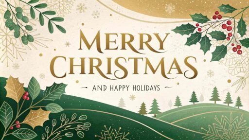 A stylish "merry christmas and happy holidays image" with a green and gold festive theme and bold, clear holiday text.