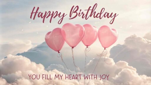 A romantic birthday greeting with floating love balloons. "Happy birthday" in clear letters, paired with "You're the reason for my smile."