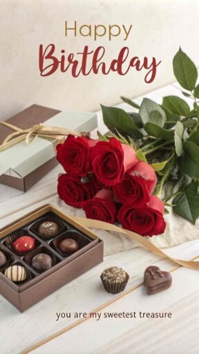 A perfect birthday greeting with roses and chocolates. "Happy birthday" in big calligraphy, with "You are the love of my life" below.