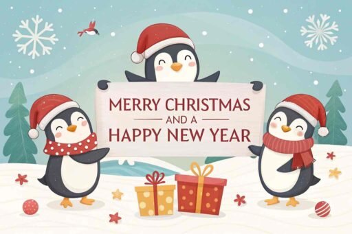 A cute "merry christmas and a happy new year pic" featuring playful penguins and bold red text.