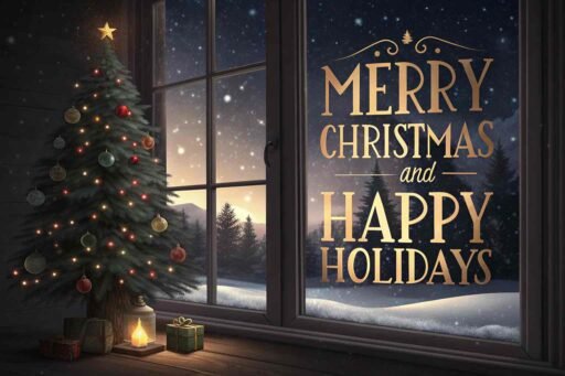 A cozy "merry christmas and happy holidays image" featuring a festive window scene with clear holiday text.