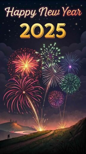 A classic fireworks scene with "happy new year 2025 hd image" lighting up the sky.