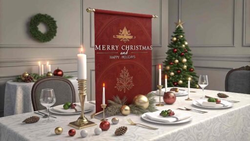 A festive "merry christmas and happy holidays image" featuring a holiday table and bold text.