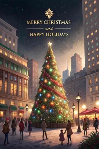 A lively "merry christmas and happy holidays image" featuring a city Christmas tree and bold text.