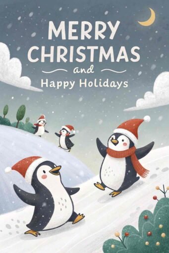 A playful "merry christmas and happy holidays image" with penguins and festive text.