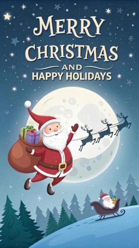 A magical "merry christmas and happy holidays image" featuring Santa, reindeer, and glowing holiday text in the night sky.