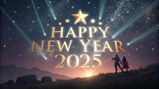 A radiant starry background with "happy new year 2025 hd image" prominently featured.