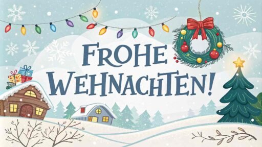 A joyful greeting card displaying "Merry Christmas in German" as "Frohe Weihnachten!" in big, bold letters, surrounded by festive snowflakes and Christmas decorations.