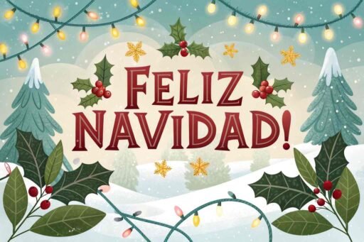 A stunning Christmas card displaying "Merry Christmas in Spanish" as "¡Feliz Navidad!" written in vibrant red letters with a festive background of holly and mistletoe.