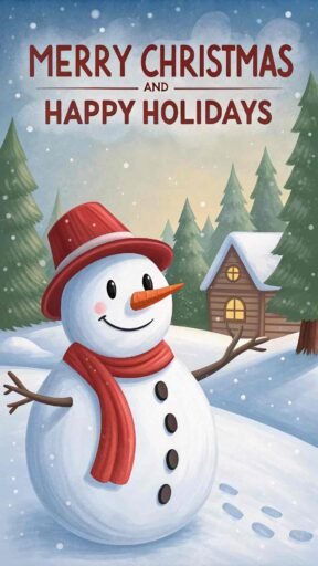 A joyful "merry christmas and happy holidays image" featuring a snowman and clear holiday text.