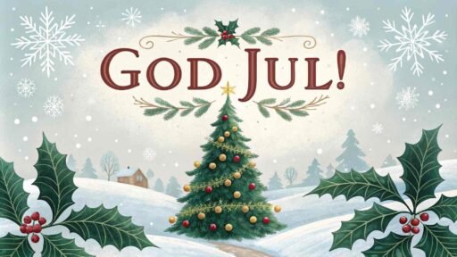 A cozy greeting card with "Merry Christmas in Swedish" as "God Jul!" in large, bold letters, surrounded by festive holly, snowflakes, and a decorated tree.