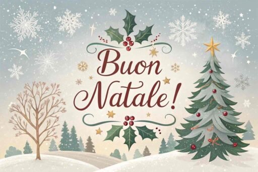 This elegant Christmas card displays "Merry Christmas in Italian" as "Buon Natale!" with a beautifully designed background of holly leaves, a decorated tree, and sparkling snowflakes.
