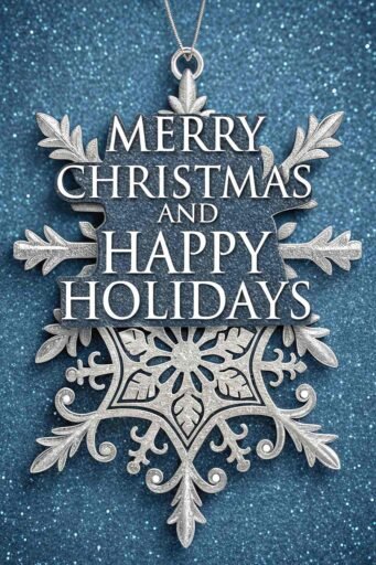 A detailed "merry christmas and happy holidays image" featuring a snowflake ornament and clear holiday text.