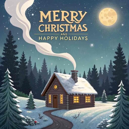 A peaceful "merry christmas and happy holidays image" featuring a festive snowy cabin and bold holiday text.