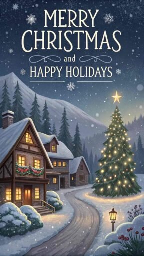 A snowy "merry christmas and happy holidays image" showcasing a festive village with bright decorations and clear holiday text.