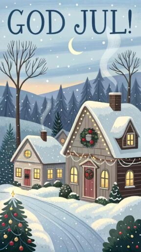A joyful card with "Merry Christmas in Swedish" as "God Jul!" in bold letters, surrounded by a snowy scene, Christmas wreaths, and lights.