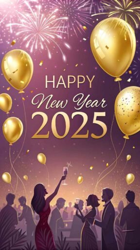 An elegant party backdrop showcasing "happy new year 2025 hd image" in golden, bold text.