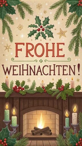 A beautiful Christmas card featuring "Merry Christmas in German" as "Frohe Weihnachten!" surrounded by holly, mistletoe, and a fireplace with glowing candles.