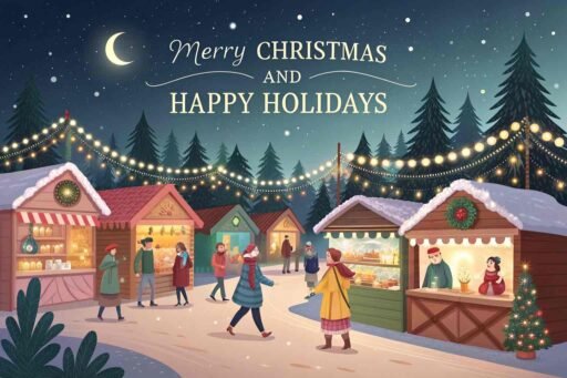 A festive "merry christmas and happy holidays image" showing a vibrant Christmas market with clear holiday text.