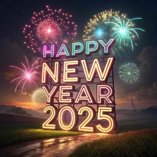 A vibrant neon explosion with "happy new year 2025 hd image" featured in glowing neon text.