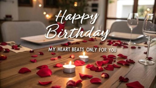 A heartfelt birthday wish with rose petals. "Happy birthday" in big letters and "You are the love of my life" written below.