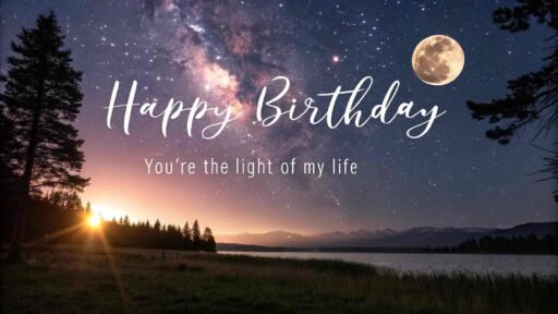 Celebrate your girlfriend with a dreamy moonlit birthday greeting. "Happy birthday" in elegant letters and "You make my world brighter" written below.