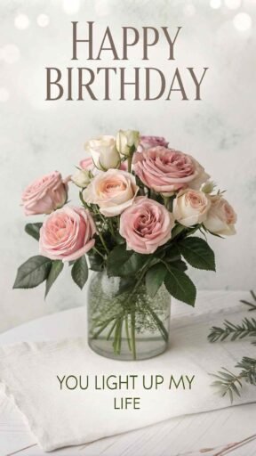 A birthday greeting with a bouquet of roses. "Happy birthday" in bold calligraphy and sweet words like "You are the most precious gift" to make her feel loved.