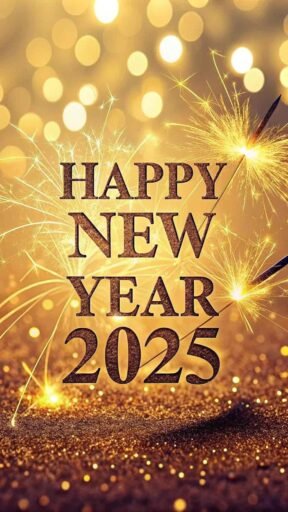 A golden glittery backdrop with "happy new year 2025 hd image" written in elegant font.