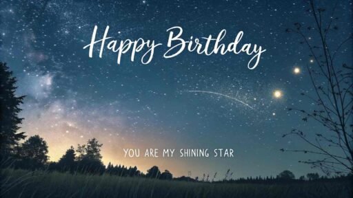 A romantic birthday wish under the stars. "Happy birthday" in bold letters, with loving words like "You light up my world" beneath.