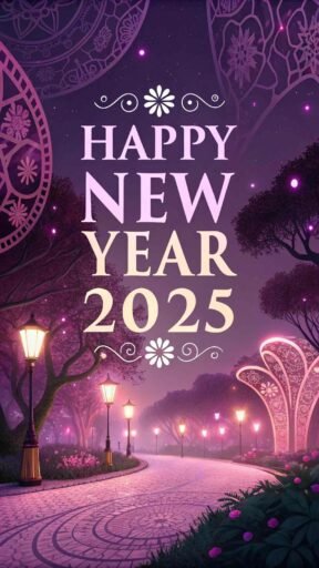 A stylish purple and pink glowing design with "happy new year 2025 hd image" featured in bold.