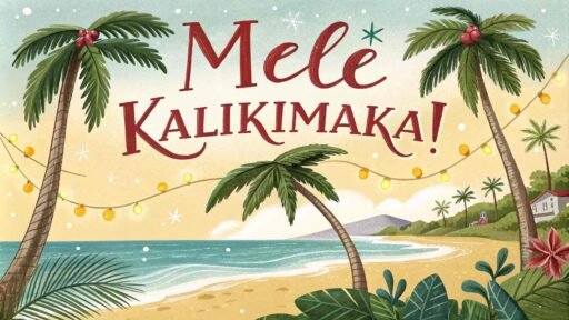 A tropical-themed card displaying "Merry Christmas in Hawaiian" as "Mele Kalikimaka!" surrounded by palm trees, beach sand, and Christmas lights.