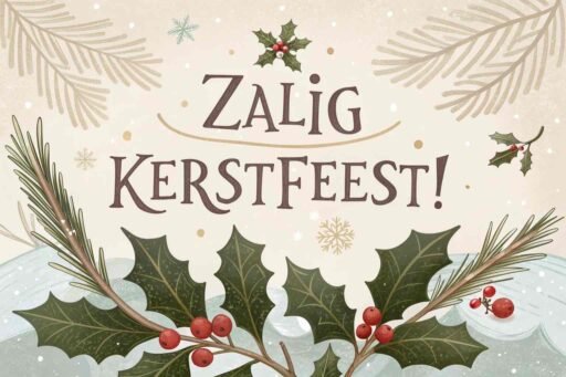 A cozy card with "Merry Christmas in Dutch" as "Zalig Kerstfeest!" displayed in elegant letters with a background of holly, mistletoe, and snow.