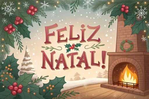 A cozy card displaying "Merry Christmas in Portuguese" as "Feliz Natal!" with a background of holly, a fireplace, and festive snowflakes.