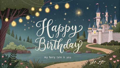 A magical birthday greeting with a fairy tale theme. "Happy birthday" in bold letters, with "You are my happily ever after" below.