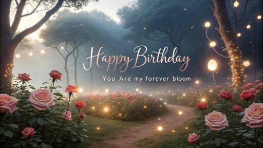 A magical birthday wish in a rose garden. "Happy birthday" in bold letters with "You're the most beautiful part of my life" written beneath.