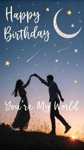 A romantic image of a couple in the moonlight. "Happy birthday" in bold letters and a loving message like "You're my everything" below.