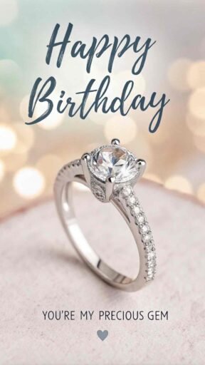 A luxurious birthday greeting with a diamond ring. "Happy birthday" in big letters, with "You shine brighter than any diamond" beneath it.