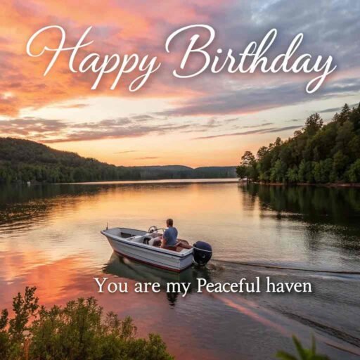 A serene birthday greeting on a boat ride. "Happy birthday" in bold letters, paired with "You're my calm in the storm" written below.