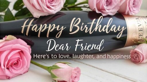 Share a toast with images of happy birthday dear friend, surrounded by beautiful roses and the sparkle of champagne.