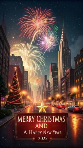 A dazzling "merry christmas and happy new year 2025 image" with fireworks and glowing festive text.