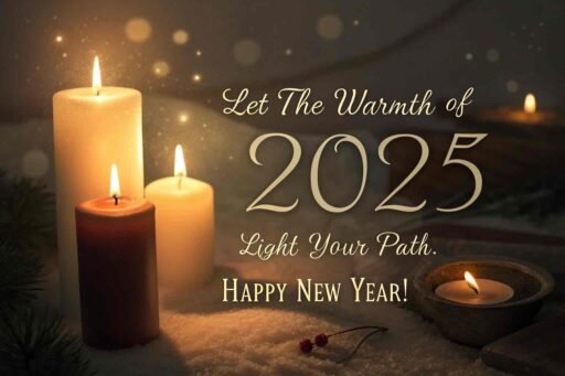 A happy new year 2025 wish image with quote showcasing glowing candles and a heartwarming message.