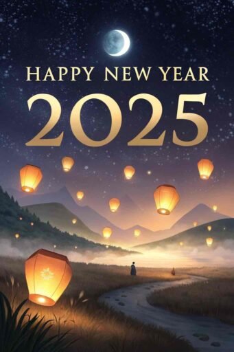 A serene "happy new years eve 2025 image" showcasing glowing lanterns and large "HAPPY NEW YEAR 2025" text.