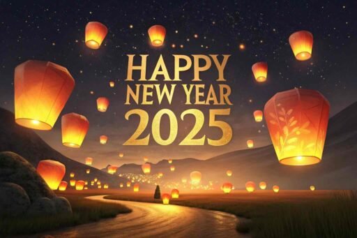 Picture of happy new year 2025 with glowing lanterns and shining bold text.