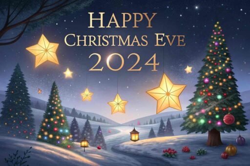 Floating lanterns with glowing golden "Happy Christmas Eve 2024" text in the sky.