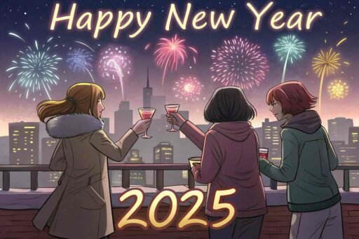 A festive "happy new years eve 2025 image" with rooftop celebrations and bold "HAPPY NEW YEAR 2025" text in the sky.