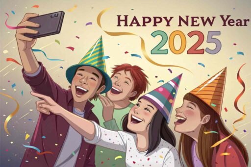 A selfie moment showing "happy new year funny pic."