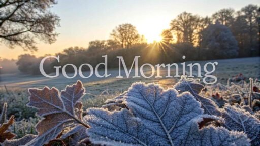 A close-up good morning winter image highlighting frosted leaves.