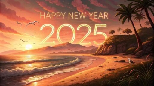 A serene beach sunset with fireworks and "happy new year 2025 hd image" in big, clear typography.