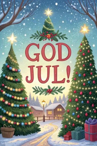 A beautiful greeting card featuring "Merry Christmas in Swedish" as "God Jul!" with a background of decorated trees, ornaments, and glowing lights.
