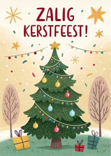A vibrant Christmas card featuring "Merry Christmas in Dutch" as "Zalig Kerstfeest!" in large letters, with a decorated tree, ornaments, and twinkling lights.